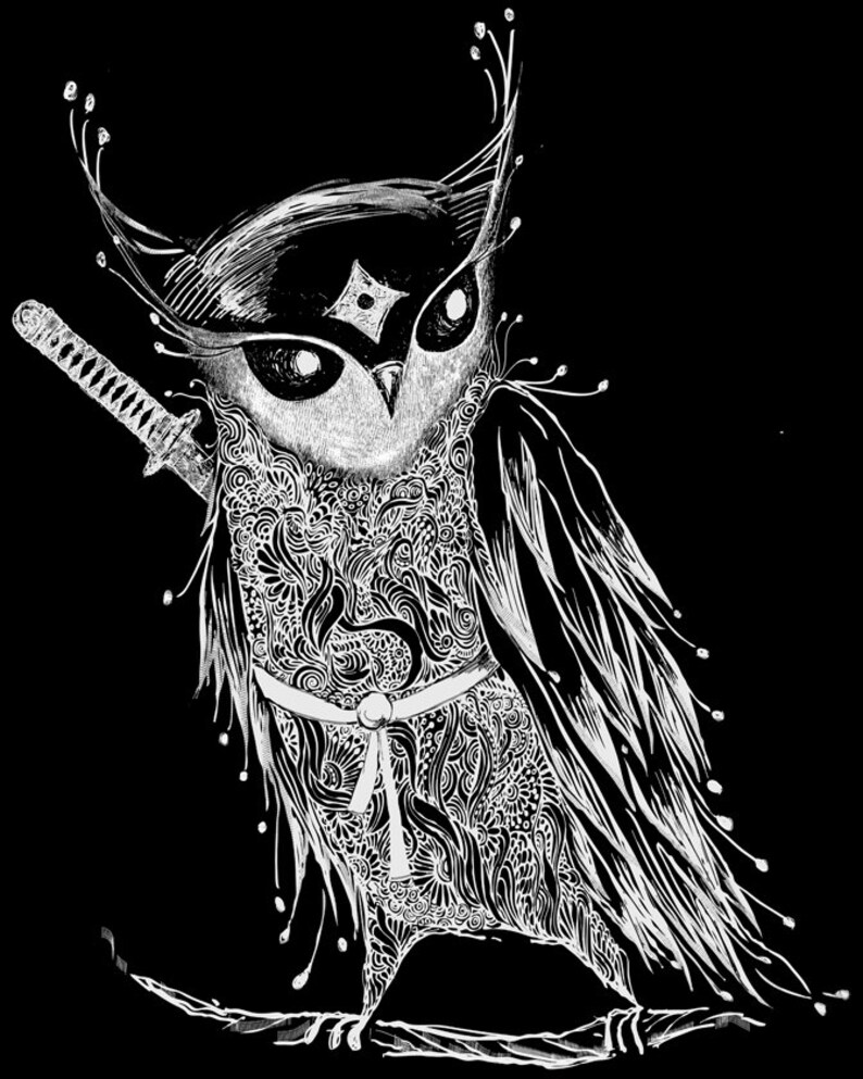 Zentangle Samurai Owl Ladies' Flowy Long-Sleeve Off Shoulder T-Shirt image 3