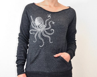 Japanese inspired Steam Punk Octopus Sport Stripe maniac off the shoulder sweatshirt