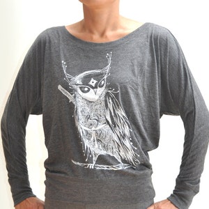 Zentangle Samurai Owl Ladies' Flowy Long-Sleeve Off Shoulder T-Shirt