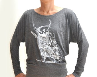 50% OFF!!! Zentangle Samurai Owl Ladies' Flowy Long-Sleeve Off Shoulder T-Shirt