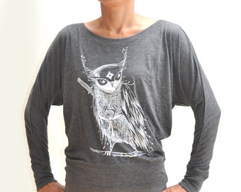 Zentangle Samurai Owl Ladies' Flowy Long-Sleeve Off Shoulder T-Shirt