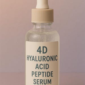 May include: Clear glass serum bottle with a beige cap and dropper. The label reads "4D Hyaluronic Acid Peptide Serum". The bottle is filled with a clear liquid, and the background is a soft pink.