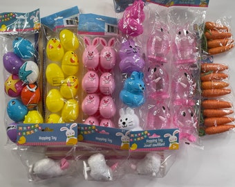 Empty Colorful Easter Egg Containers + Hopping Bunnies + Carrots