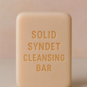 Puede incluir: Una pastilla de limpieza syndet sólida de color beige claro, de forma rectangular. Las palabras "SOLID SYNDET CLEANSING BAR" están grabadas en un beige más oscuro en la parte delantera. La pastilla tiene bordes redondeados y una superficie lisa.