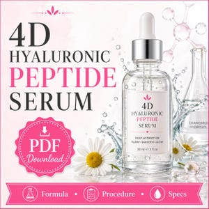 May include: A clear glass bottle of 4D Hyaluronic Peptide Serum with a dropper, 1 fl oz. The label features the product name in pink and black text. The image includes water droplets, daisies, and text that says "Deep Hydration, Plump, Smooth, Glow."