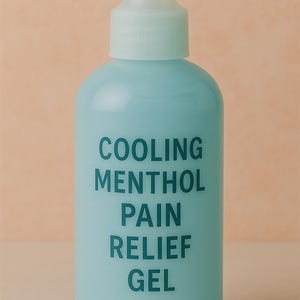 Puede incluir: Una botella azul claro de gel para aliviar el dolor con mentol refrescante. La botella tiene una tapa blanca y las palabras "COOLING MENTHOL PAIN RELIEF GEL" están impresas en azul oscuro.