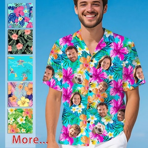 May include: A short-sleeved button-down shirt with a vibrant tropical floral pattern in pink, orange, and yellow on a turquoise background. The shirt features multiple faces of people and a dog. The word "More..." is visible in the image.