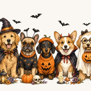 Puede incluir: Un grupo de cinco perros con disfraces de Halloween. Uno lleva un sombrero de bruja y capa, otro gafas de estrella, uno un suéter de calabaza, uno una capa de vampiro con cuernos y otro una sábana de fantasma con gafas y cubo.