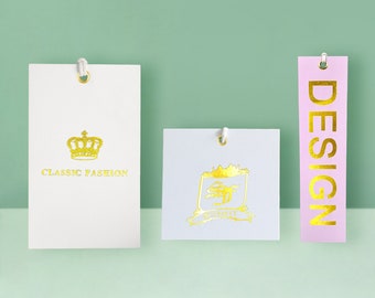 Aangepaste goudfolie tags met gouden doorvoertules, tags van elk formaat met snaren, aangepaste tags voor bedrijf/bruiloft/babyshower/feest, aangepaste hangtags