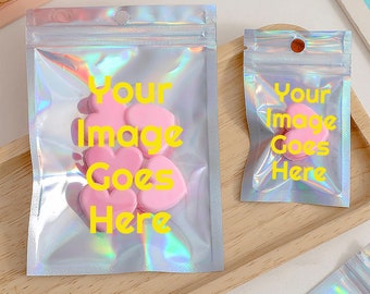 Custom Holographic Color Bags, Personalized Clear Food Storage Bags, Rainbow Holographic Packaging Bags with Clear Window, Shiny Pouches