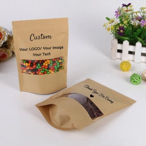 Saco de papel kraft resselável personalizado com janela transparente, sacos de embalagem com suporte próprio personalizado, sacos de papel marrom, sacos para armazenamento de alimentos