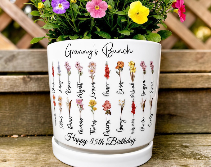 Personalized Grandmas Garden Birth Month Flower Pot: Custom Mothers Day Birthday Gift for Mom