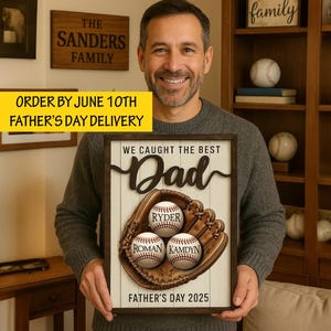 Personalized We Caught the Best Dad Baseball Sign, Father&#39;s Day baseball gift for dad, daddy, gift for grandpa from kids, Wooden Plaque