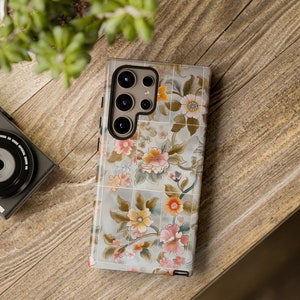 Gepresste Blumen-Kunstkeramik-Fliesen-Handyhülle, Samsung Galaxy-Handys, Blumendruck-Keramikfliesen-Look, bunte Blumenhülle, zweilagige Hülle
