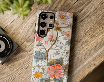 Faux Ceramic Tile Floral Phone Case, Samsung Galaxy Phones, Gardener Gift, Colorful Flower Design, Cottagecore Pressed Flowers, Dual Layer