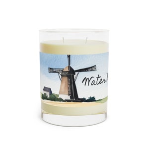 May include: A glass candle jar with a white candle and a watercolour label featuring a windmill and the text "Water Mill".