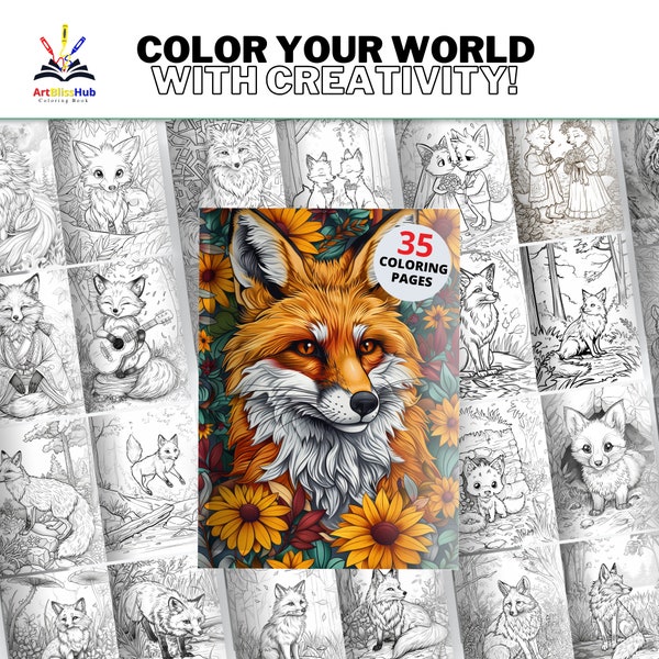 35 pagine da colorare di volpi selvatiche, pagine da colorare per adulti, fogli da colorare per bambini con animali carini, download digitale stampabile istantaneo