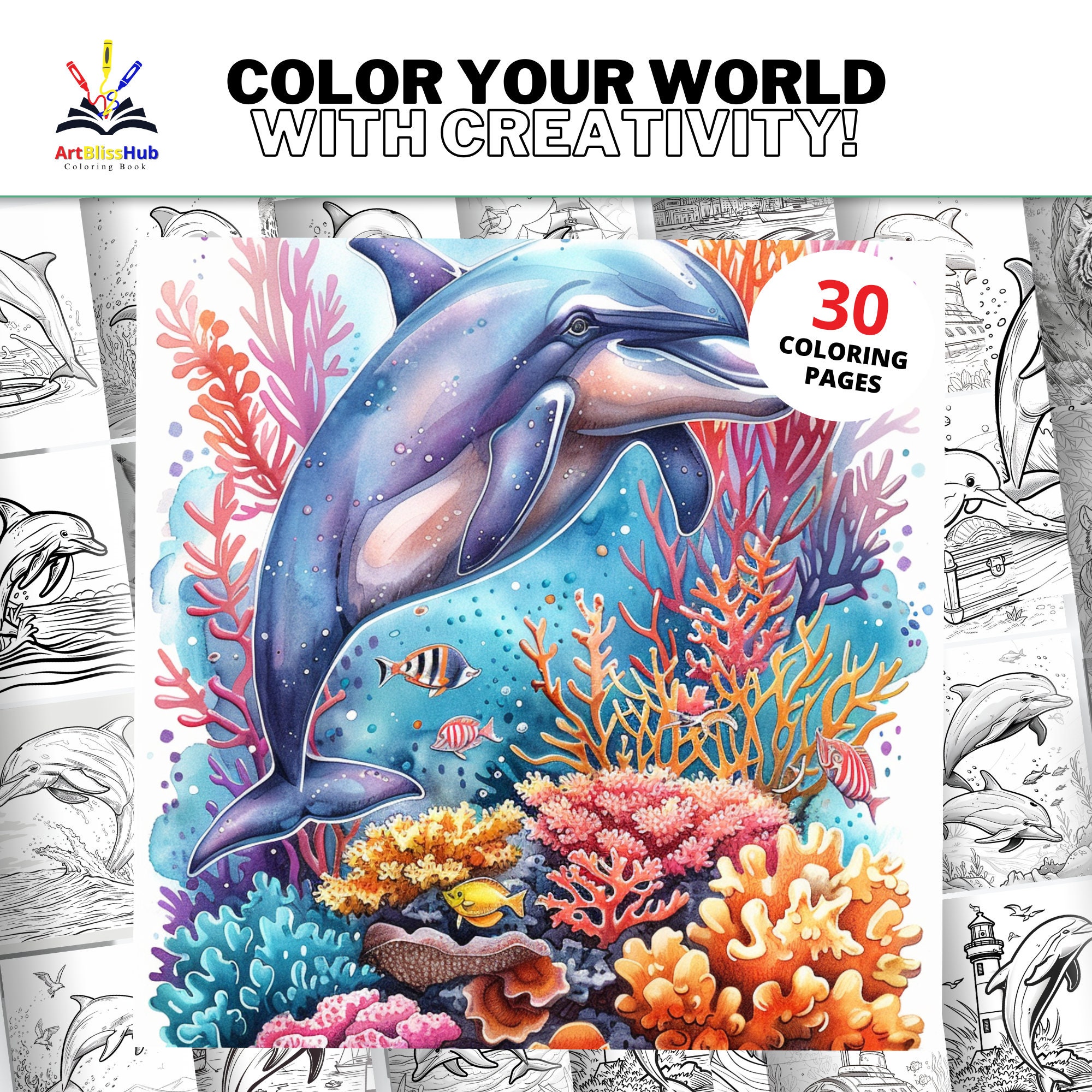 30 Dolphins Coloring Pages for Adults and Kids Cute &amp; Fun Drawing ...