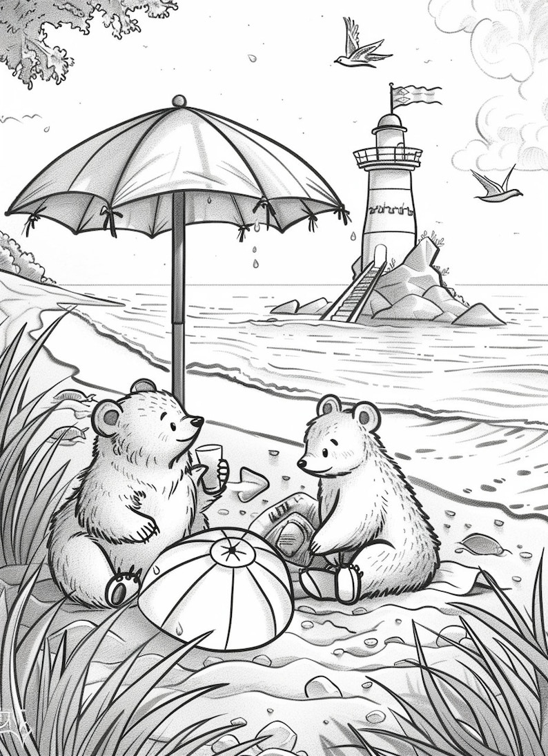 30 Summer Animals Coloring Book, Cute Summer Beach Animal Coloring Page