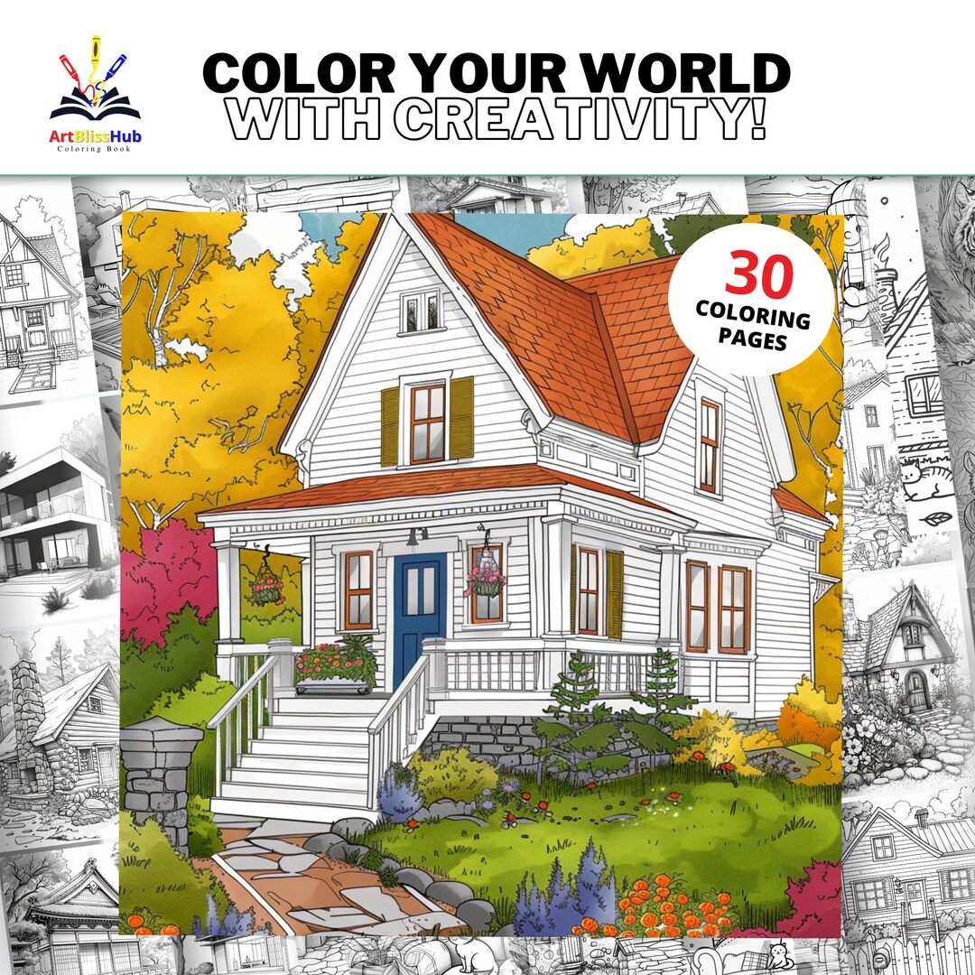 30 House Coloring Page Book for Adults, Stress Relief Coloring Sheets ...
