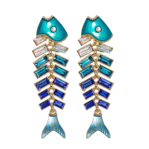 Exaggerated personality fish bone inlaid diamond female earrings blue earrings