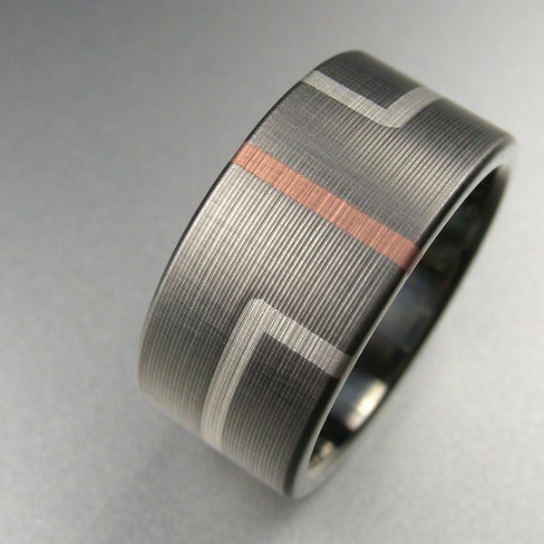 Wedding Band Art Deco Titanium Rose Gold Silver Comfort Fit