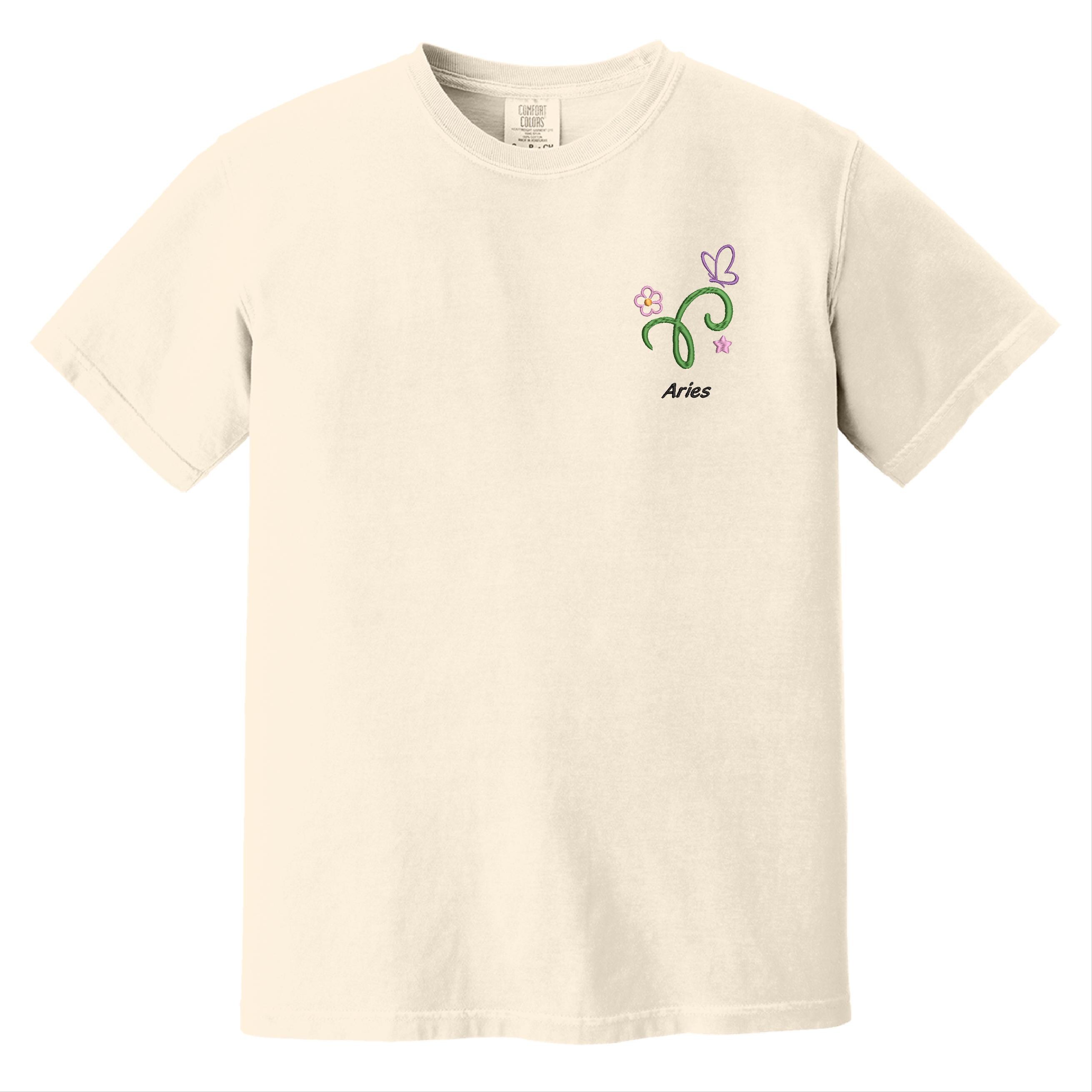 ★ARIES★ United Colors Embroidered Short Sleeve T-Shirt Whi Aries Embroidered T-shirt, Aries Shirt, Zodiac Shirt
