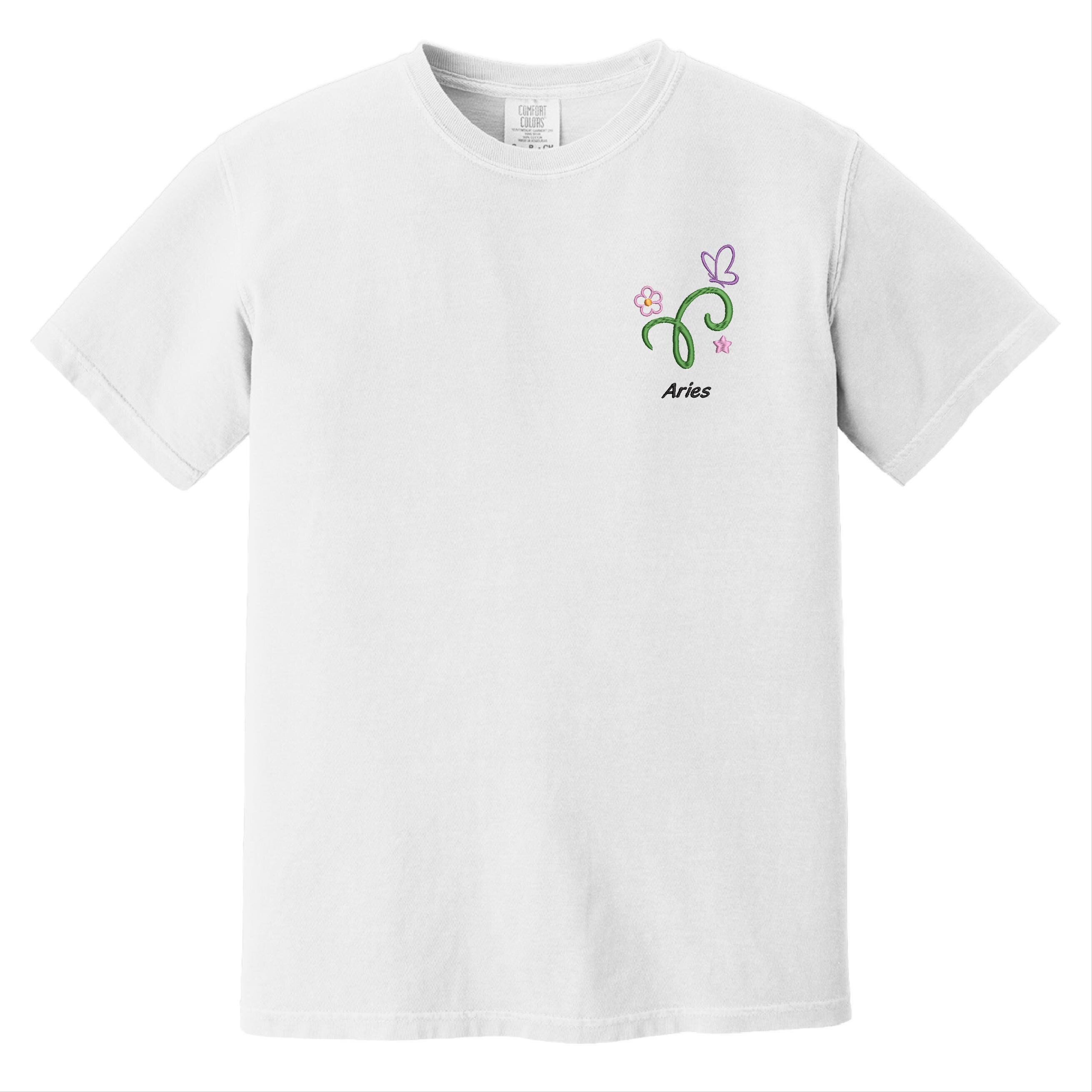 ★ARIES★ United Colors Embroidered Short Sleeve T-Shirt Whi Aries Embroidered T-shirt, Aries Shirt, Zodiac Shirt
