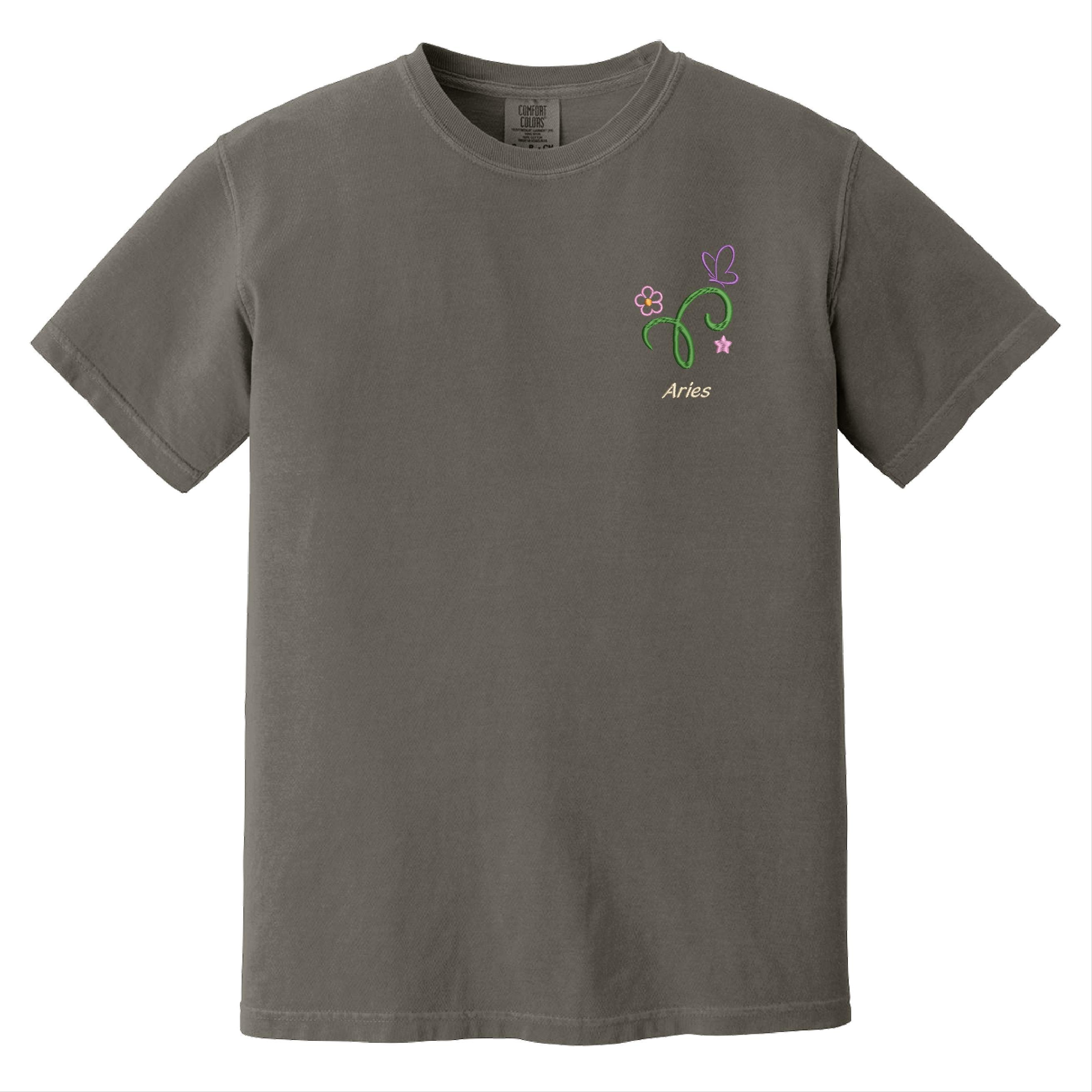 ★ARIES★ United Colors Embroidered Short Sleeve T-Shirt Whi Aries Embroidered T-shirt, Aries Shirt, Zodiac Shirt