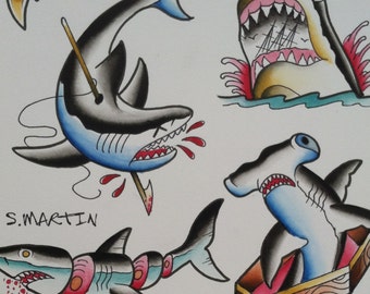 Shark traditional tattoo flash