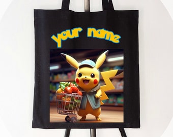 Bolso ecológico con imagen estampada de Pikachu y tu nombre. Dibujo personalizado. Bolsa de supermercado, bolsa de arte. regalo para un niño,regalo para él. individual