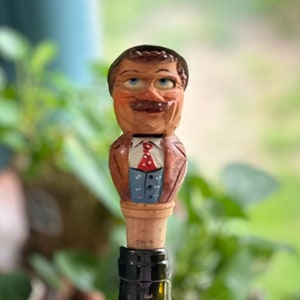Vintage Bottle Stopper, Wine Cork, ANRI Mechanical Alpine  ANRI Mechanical Alpine Man Bottle Stopper Wood Hand Carved Puppet Barware Cork main image 0