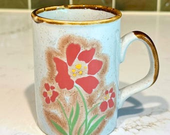 Vintage Speckled Ceramic Mug With Coral Flower Design, Hand Painted 1970s Coffee Cup, Cozy Cottagecore Drinkware