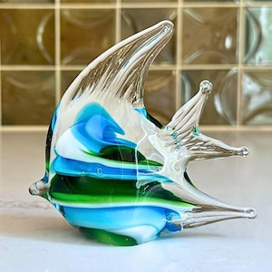 1970s Murano Style Glass Angelfish, Hand-Blown Italian Glass Art Sculpture, Mid Century Decor or Paperweight