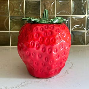 1970s McCoy Pottery USA Strawberry Cookie Jar with Green Stem Lid #263, Ceramic Fruit Canister