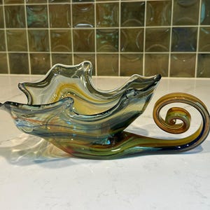 1960s Murano Style Hand Blown Glass Cornucopia Dish, Multicolor Vintage Decorative Centerpiece Bowl, Mid Century Glass Art, Retro