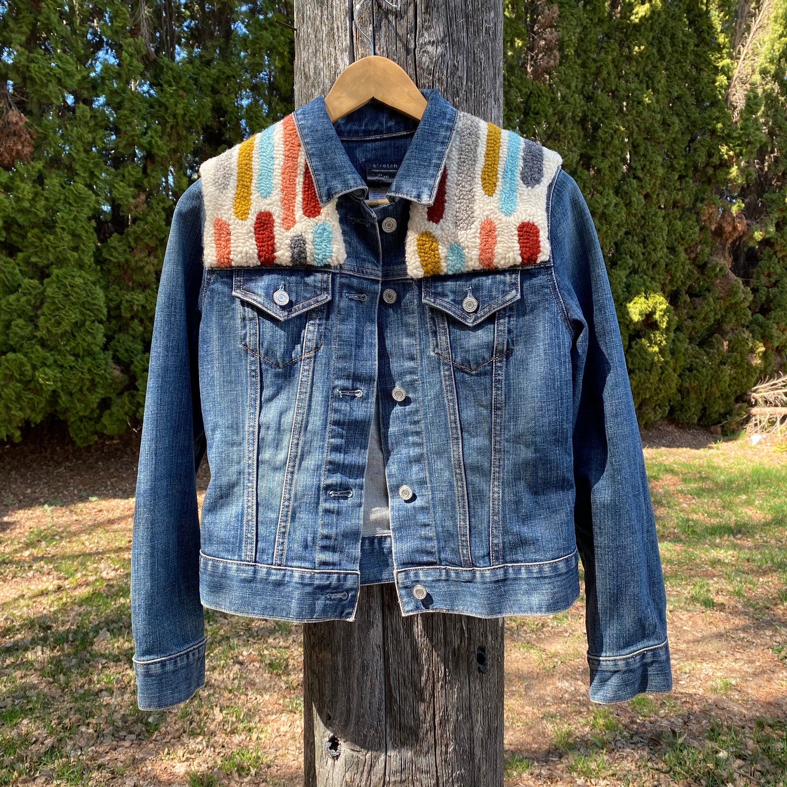 Embellished Denim Jacket Punch Needle Abstract OOAK Embroidered Jean