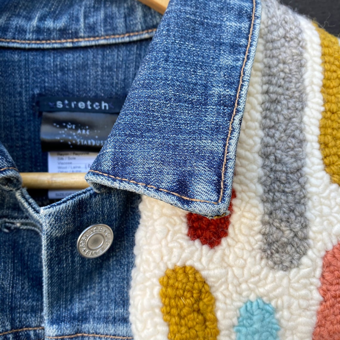 Embellished Denim Jacket Punch Needle Abstract OOAK Embroidered Jean