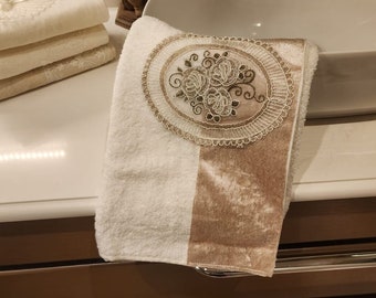 Turkish Embroidered Lace Bathroom Towel | 100% Cotton Premium Quality | Original Turkish Hand Towels | Beige & White Towel