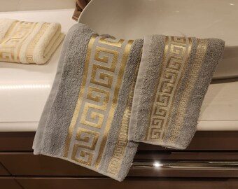 Turkish Small and Large Best Towel Set | 100% Cotton Premium Quality | Original Turkish Bathroom Towels | Gray & Gold Premium Towel