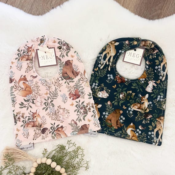 Baby-to-Toddler Adjustable Snap Bib Set of Two { Forest Dreams } Soft, Absorbent & Durable-Bears / Deer / Woodland Animals + Personalization