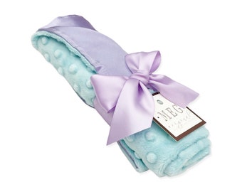 Satin + Minky Baby Girl Security Blanket / Lovey with Loop { Lavender Satin & Aqua Minky Dot } Made and Ready to Ship!