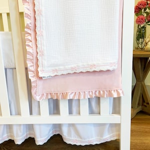 Beautiful Custom Heirloom Baby Girl Crib Skirt { White & Pink Bows } Nursery Bedding