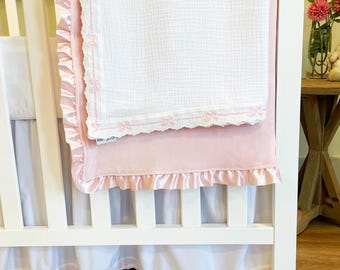 Beautiful Custom Heirloom Baby Girl Crib Skirt { White & Pink Bows } Nursery Bedding