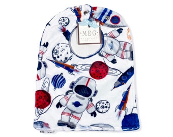 Astronaut Baby-to-Toddler Adjustable Snap Bib { Space Planets } Grows with Baby into a Toddler - Soft & Durable - Outer Space Red and Blue