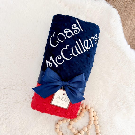 Navy Blue & Red Minky Dot Baby Blanket – Personalized Embroidery - Choose Size