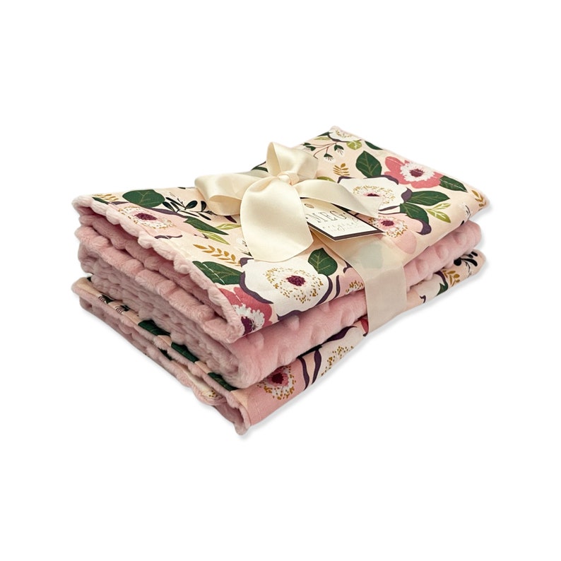 Peach Floral Baby Girl Burp Cloth Set of 3, Absorbent Cotton & Soft Minky Burping Cloths with Option to Personalize with Name or Monogram image 4