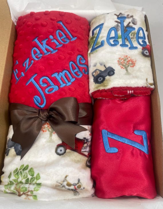 Funny Farm Deluxe Baby Gift Set – Farm Animals Minky Blanket, Burp Cloths, Bib, and Lovey (Personalized)