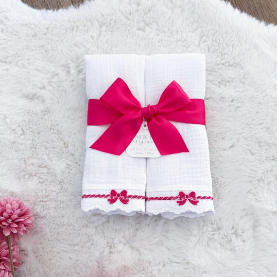 Set of 2 Cotton Baby Girl Burp Cloths, Hot Pink Bows, Personalized Gift