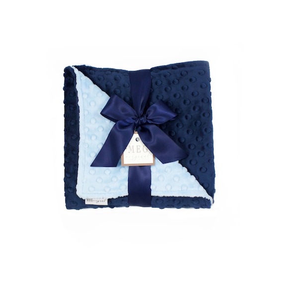 Baby Shower Gift { Soft Navy Blue and Baby Blue Minky Dot Boy Blanket } Option to Personalize with Name or Initials Monogram Embroidery